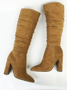 Faux Suede Point Toe Chunky Heeled Slouchy Boots - Brown - View 7