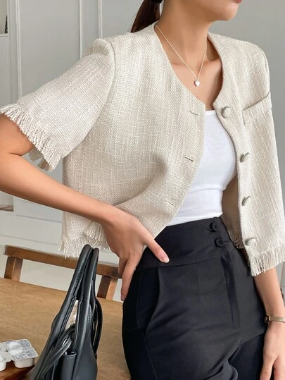 DAZY Casual Business Solid Color Fringe Hem Short Sleeve Shirt,Crop Tops Women