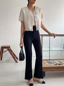 DAZY Casual Business Solid Color Fringe Hem Short Sleeve Shirt,Crop Tops Women - Apricot - View 4