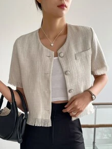 DAZY Casual Business Solid Color Fringe Hem Short Sleeve Shirt,Crop Tops Women - Apricot - View 5