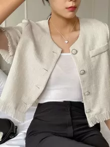 DAZY Casual Business Solid Color Fringe Hem Short Sleeve Shirt,Crop Tops Women - Apricot - View 7