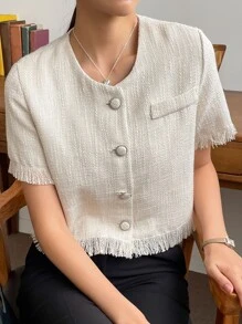 DAZY Casual Business Solid Color Fringe Hem Short Sleeve Shirt,Crop Tops Women - Apricot - View 8