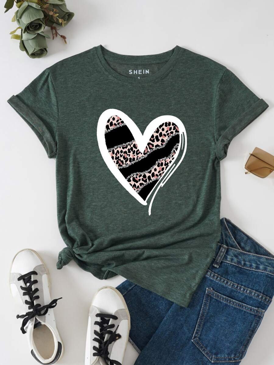 SHEIN LUNE Áo thun nữ Tim In hoa Báo Giải trí - Màu xanh lá cây đậm - Xem 1