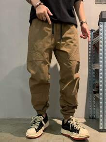 Manfinity Hypemode 寬鬆版型男士純色束腰褲 - 咖啡棕 - 查看 1