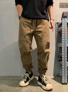 Manfinity Hypemode 寬鬆版型男士純色束腰褲 - 咖啡棕 - 查看 3