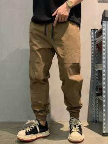 Manfinity Hypemode 寬鬆版型男士純色束腰褲 - 咖啡棕 - 查看 4