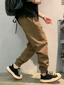 Manfinity Hypemode 寬鬆版型男士純色束腰褲 - 咖啡棕 - 查看 5