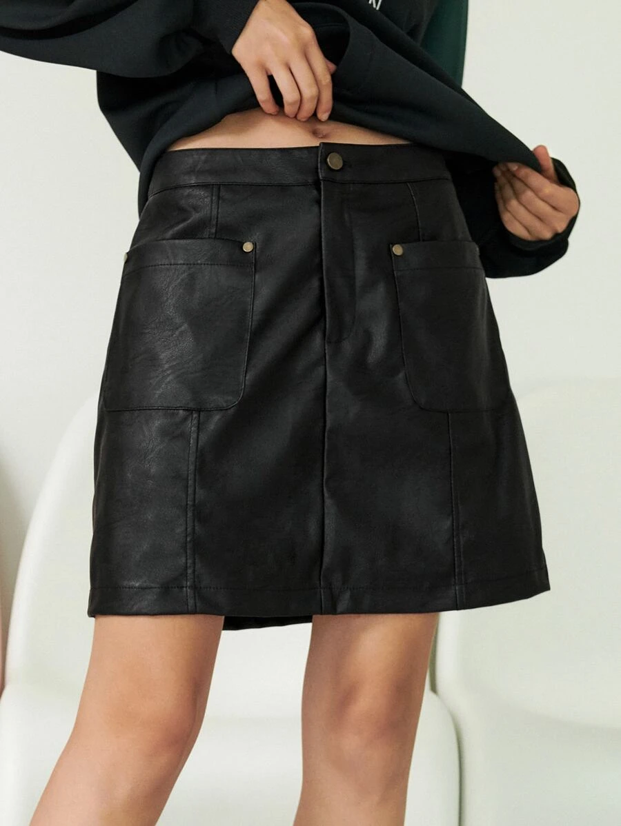 SHEIN 雙口袋PU皮革半身裙