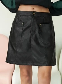 SHEIN 雙口袋PU皮革半身裙
