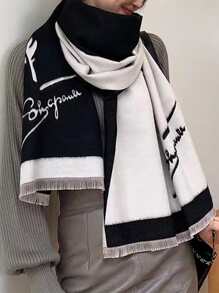 羽毛圖案和字母圖案毛邊緣圍巾 - 彩色 - 查看 2