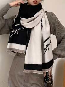 羽毛圖案和字母圖案毛邊緣圍巾 - 彩色 - 查看 4