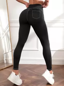 Easithlete Yoga Leggings Wideband Waist Top-stitching Sports Tights With Back Pockets - Black - View 1