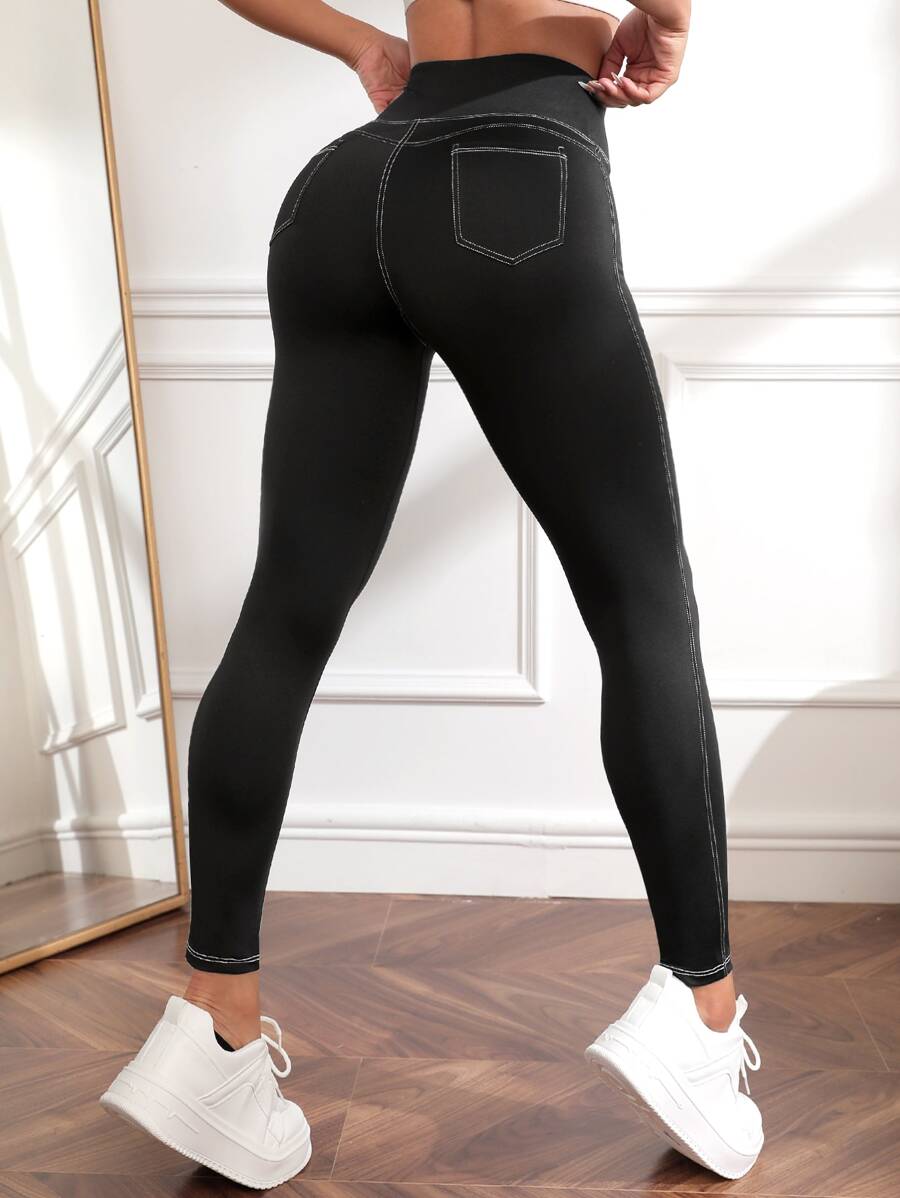 Easithlete Yoga Leggings Wideband Waist Top-stitching Sports Tights With Back Pockets - Black - View 1