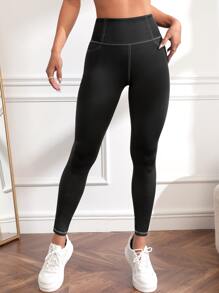 Easithlete Yoga Leggings Wideband Waist Top-stitching Sports Tights With Back Pockets - Black - View 2