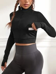 Zip Up Thumb Holes Crop Sports Jacket - Black - View 1