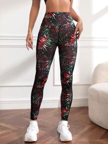 Yoga Floral Tummy Control Tropical Print Mesh Insert Sports Leggings With Phone Pocket - Multicolor - View 3