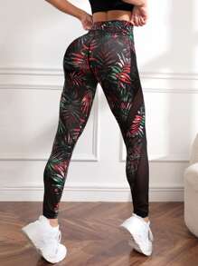 Yoga Floral Tummy Control Tropical Print Mesh Insert Sports Leggings With Phone Pocket - Multicolor - View 4