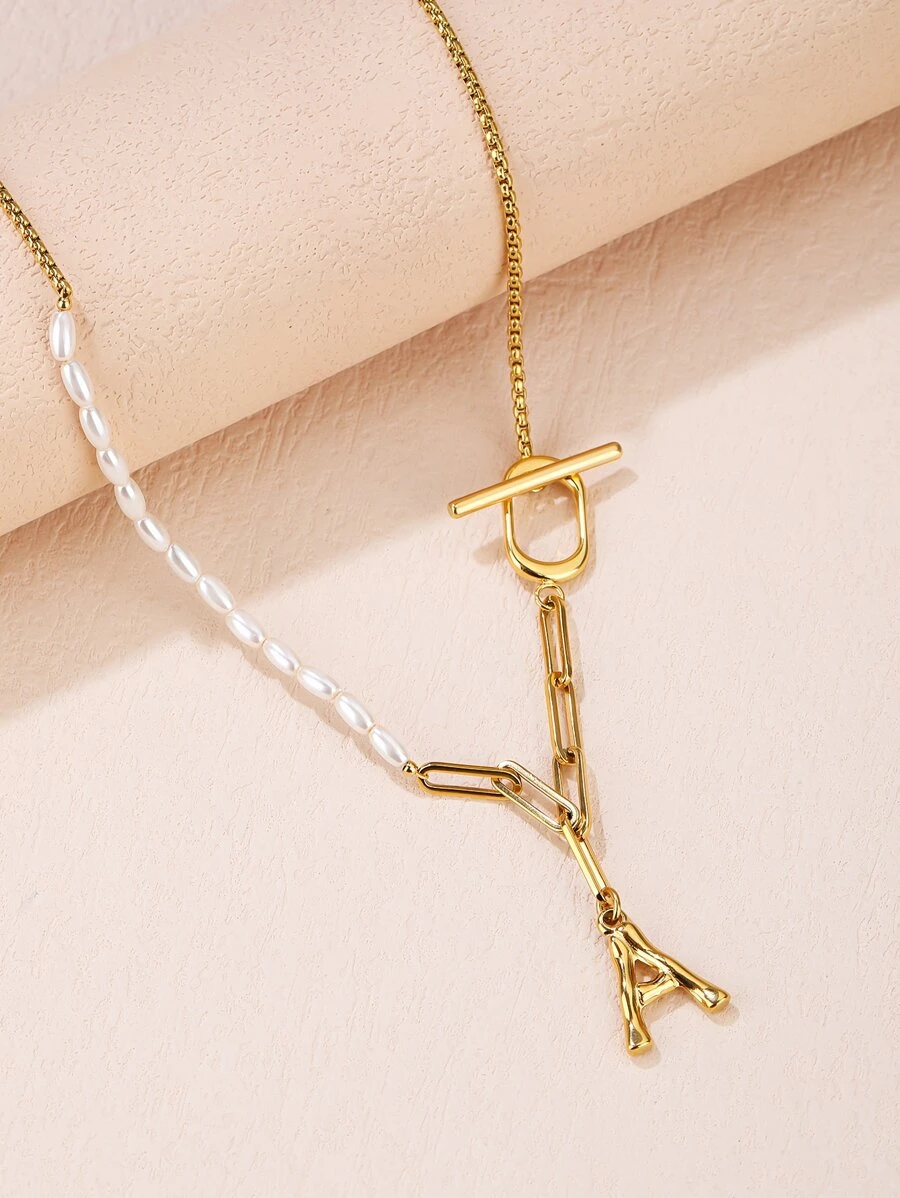 人造珍珠裝飾字母吊墜OT搭扣項鍊