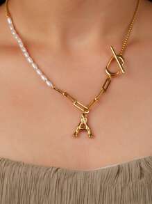 人造珍珠裝飾字母吊墜OT搭扣項鍊