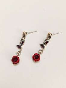 1pair Vintage Rose Flower & Leaf Shape Gemstone Inlaid Earrings Suitable For Women's Daily Wear Valentines,Mom,Mother,Mother's Day,Gift - Red - View 2