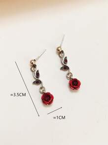 1pair Vintage Rose Flower & Leaf Shape Gemstone Inlaid Earrings Suitable For Women's Daily Wear Valentines,Mom,Mother,Mother's Day,Gift - Red - View 3