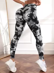 Yoga Trendy 紮染瑜伽打底褲緊縮褶皺臀部收復褲襪 - 彩色 - 查看 3