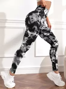 Yoga Trendy 紮染瑜伽打底褲緊縮褶皺臀部收復褲襪 - 彩色 - 查看 6