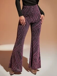 SHEIN BAE 高腰條紋圖案金屬亮絲喇叭褲 - 紫色 - 查看 2