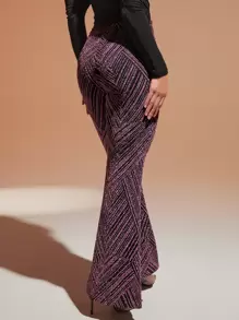 SHEIN BAE 高腰條紋圖案金屬亮絲喇叭褲 - 紫色 - 查看 3