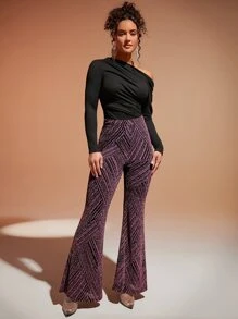 SHEIN BAE 高腰條紋圖案金屬亮絲喇叭褲 - 紫色 - 查看 5