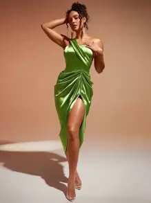 SHEIN BAE Vestido de un hombro fruncido de muslo con abertura de satén - Verde Lima - Ver 1
