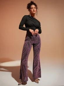 SHEIN BAE 高腰條紋圖案金屬亮絲喇叭褲 - 紫色 - 查看 7