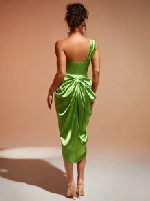 SHEIN BAE Vestido de un hombro fruncido de muslo con abertura de satén - Verde Lima - Ver 2