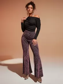 SHEIN BAE 高腰條紋圖案金屬亮絲喇叭褲 - 紫色 - 查看 1