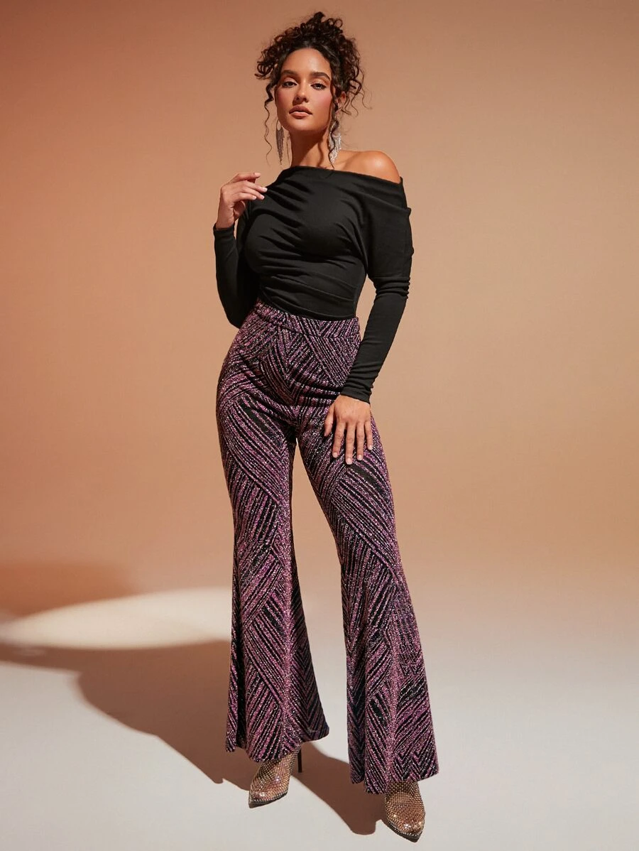 SHEIN BAE 高腰條紋圖案金屬亮絲喇叭褲 - 紫色 - 查看 1