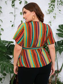 SHEIN LUNE Plus Block Striped Surplice Neck Belted Blouse - Multicolor - View 2