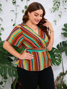SHEIN LUNE Plus Block Striped Surplice Neck Belted Blouse - Multicolor - View 5