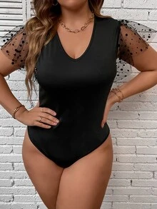 SHEIN LUNE Plus Contrast Dobby Mesh Butterfly Sleeve Bodysuit - Black - View 4