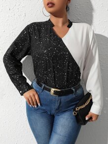 SHEIN Clasi Plus Two Tone Notched Neck Blouse - Black and White - View 1