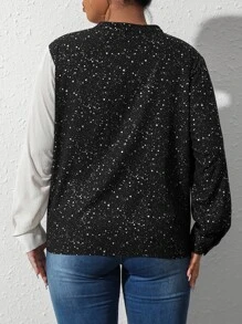 SHEIN Clasi Plus Two Tone Notched Neck Blouse - Black and White - View 2