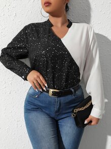 SHEIN Clasi Plus Two Tone Notched Neck Blouse - Black and White - View 4