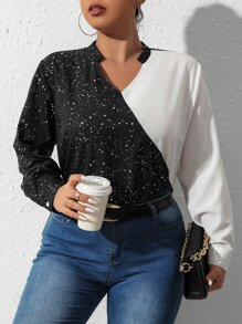 SHEIN Clasi Plus Two Tone Notched Neck Blouse - Black and White - View 6