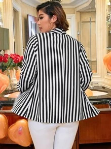 Celure Blazer de rayas de cuello esmoquin con parte delantera abierta - Blanco y Negro - Ver 2