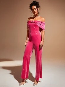 SHEIN BAE Off Shoulder O-ring Detail Velvet Jumpsuit - Hot Pink - View 3