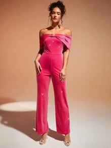 SHEIN BAE Off Shoulder O-ring Detail Velvet Jumpsuit - Hot Pink - View 5