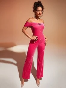 SHEIN BAE Off Shoulder O-ring Detail Velvet Jumpsuit - Hot Pink - View 6