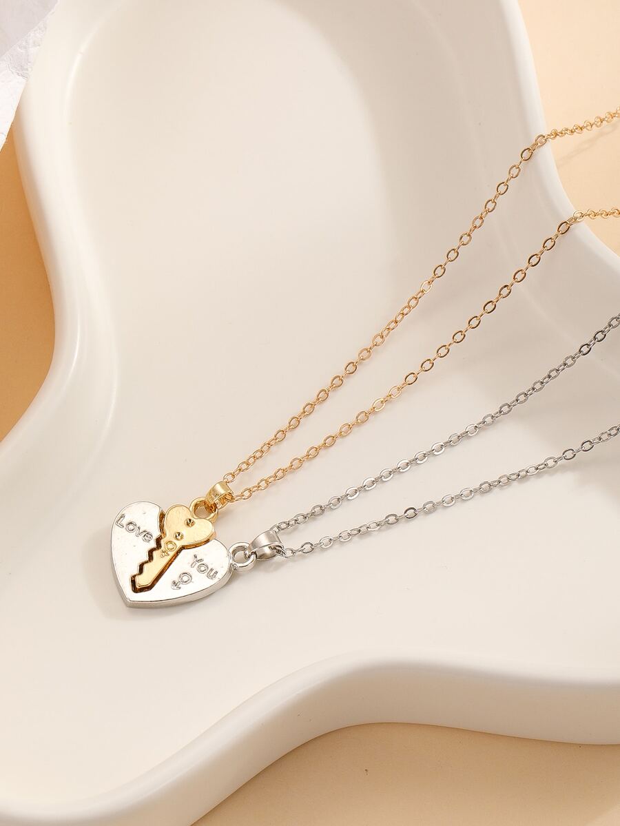 2pcs Couple Heart & Key Pendant Necklace - Multicolor - View 1