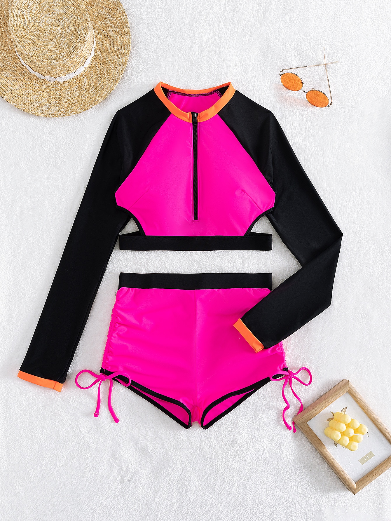 SHEIN Swim SERF Tripanel Colorblock Tankini Set Long Sleeve Zip Up Cut