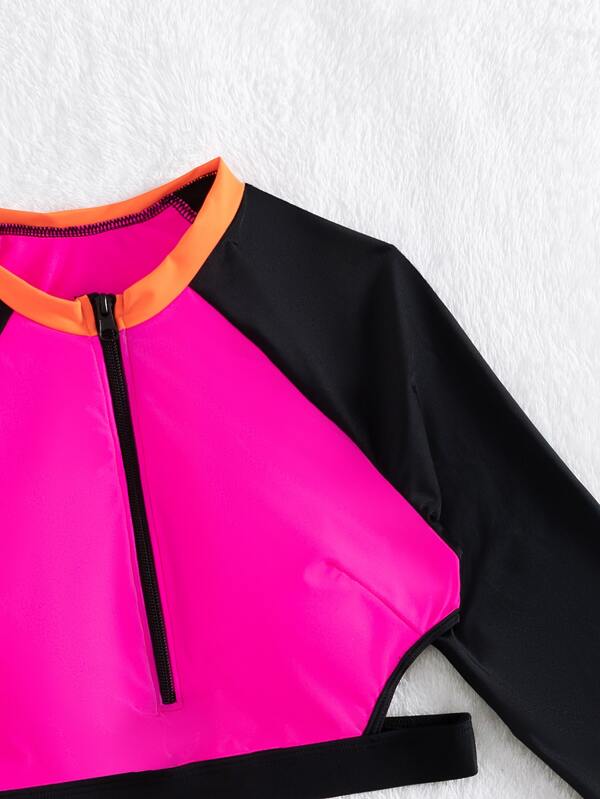 SHEIN Swim SERF Tripanel Colorblock Tankini Set Long Sleeve Zip Up Cut