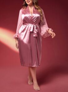 Plus Appliques Trumpet Sleeve Belted Satin Robe Without Lingerie - Pink - View 5